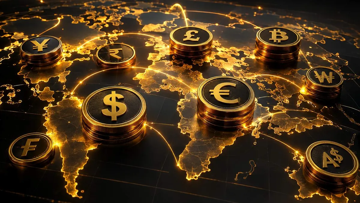 Koin emas bersimbol dolar, euro, pound, yen, dan won tersebar di atas peta dunia hitam