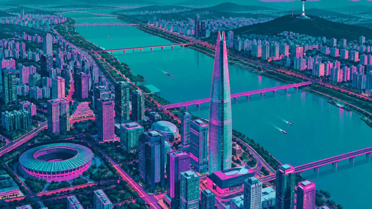 Ilustrasi kota Seoul dari udara dengan sungai, jembatan, dan menara tinggi bernuansa toska dan magenta