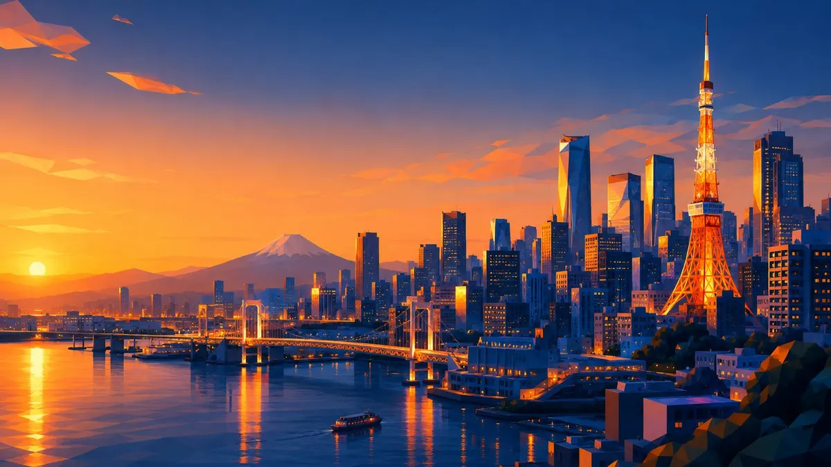 Panorama Tokyo saat senja bergaya low-poly dengan menara merah dan Gunung Fuji di kejauhan