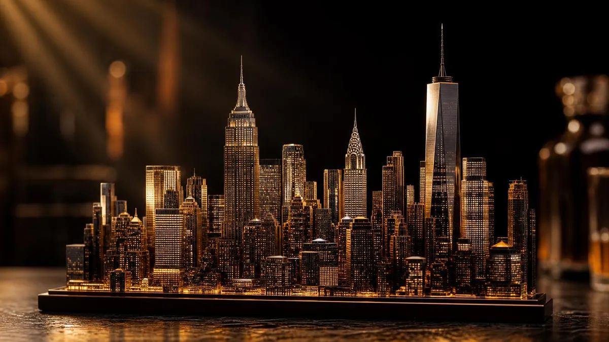Miniatur gedung pencakar langit New York berwarna perunggu di atas permukaan air gelap